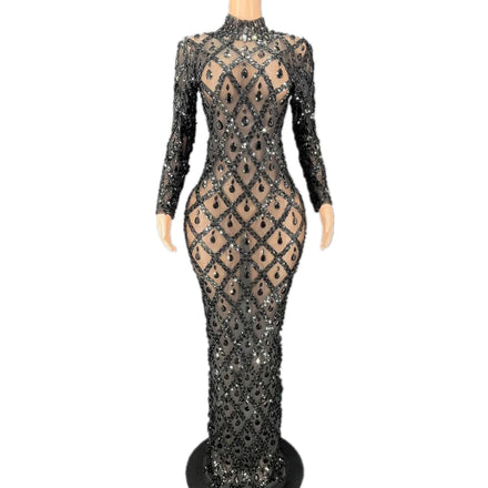 Sparkly See Through Sequins Crystal Ballroom Wedding Birthday Dinner Gown Evening Dresses Ladies Sexy Club Dress Long Prom Dress