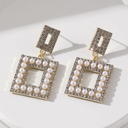 2025 New Arrivals Hot Selling Geometric square Full Diamond Pearl Earrings Women's Small Fragrance Fashion Alloy square Earrings