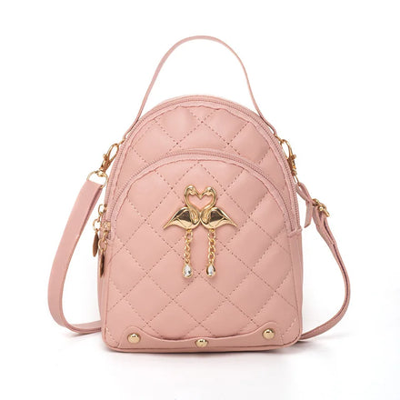 Women New Swan Charm Embroidery Double Handheld Small Backpack Casual Mini Cell Phone Bag