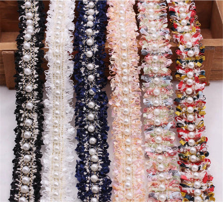 1 Yard Chain Beaded White Pearl Pleated Edge Ribbon DIY Hair Band Clothing Sewing Craft