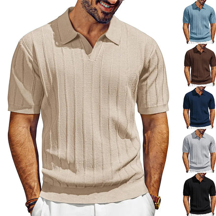 Wholesale Men's Summer Casual Solid Pattern Short Sleeve Knit Sweater Loose Fit Polo T-shirt Knitted Crochet Sweater