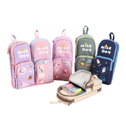 Simple Cartoon Large Capacity Canvas Stationery Box Creative Zipper Schoolbag Type Hand Account Pencil Bag Student Storage Bag