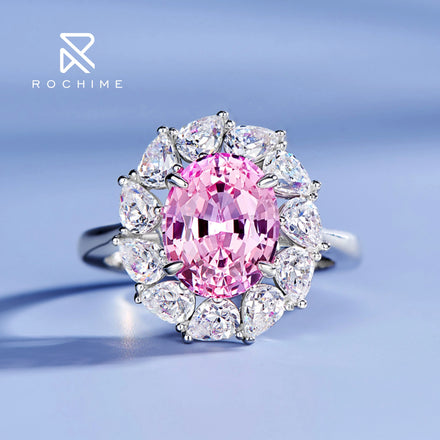 Rochime Flower Cluster Lab Grown Padparadscha pink Gemstone Rings 925 Sterling Silver Rhodium Plated Trendy Jewelry for Women