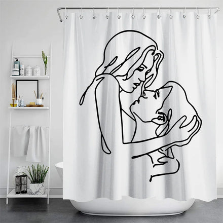 Waterproof Polyester Bathroom Shower Curtain with Hook Simple Line Stick Figure Series Digital Printing Bath Curtain Decoration