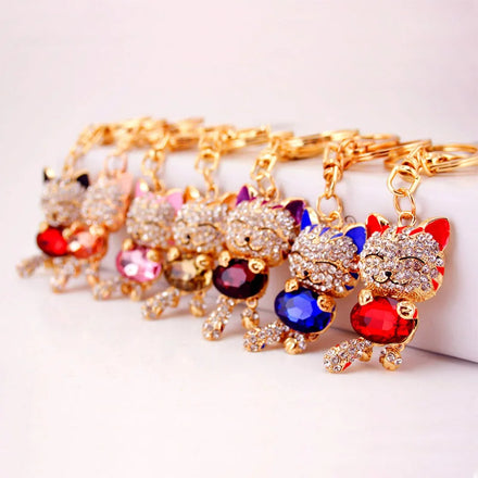 Girls Small Gift Cute Diamond Lucky Cat Keychain Female Bag Accessories Metal Pendant Cat Keychain