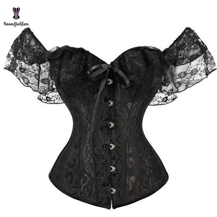 Plus Size Lingerie Busty Women Clothing Sleeveless Underwear Outwear Party Costume Fish Boned Black Corset Top With Lace Sleeve