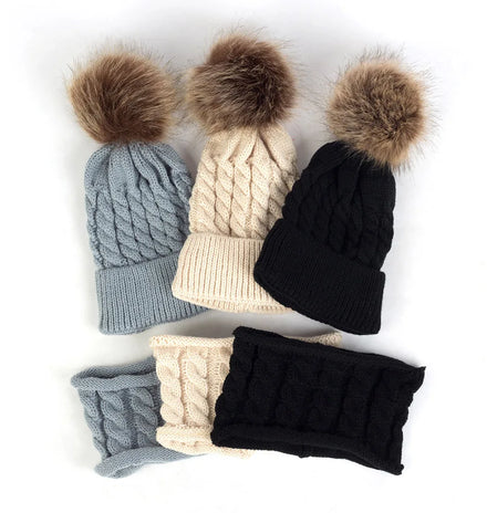 Soft Thicken Wool Ski New Black 2pieces Winter Beanie Hat Scarf Set Warm Knit Skullies Hats With Pom Cap for Kids