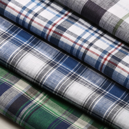 Pure Linen Check Tartan Fabric - Natural Woven Texture for Shirts & Dresses