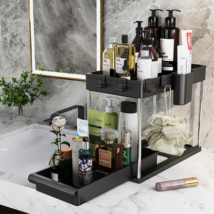 Double Tier Plastic Under Sink Cabinet Organizer with Sliding Storage Drawer and Hooks Eco-Friendly