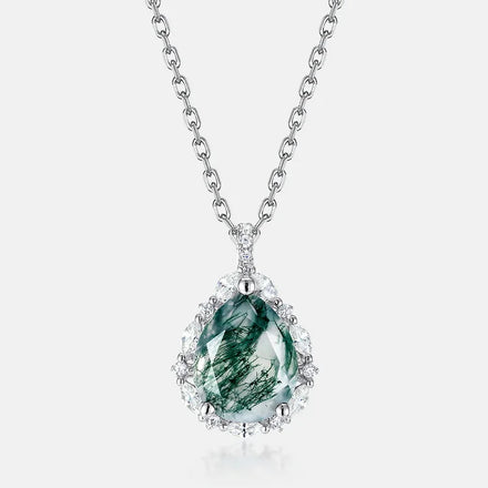 Natural Unique Stone Green Agate Gemstone Necklace Pure Silver 925 Water Droplets Pear Shape Crystal Moss Agate Pendant Necklace