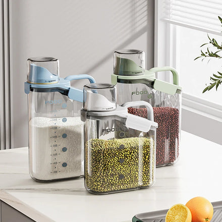 WISHOME 2L Airtight Food Storage Container Rice Cereal Dispenser BPA Free PS+PP Measuring Cup Pour Spout Freshness Kitchen