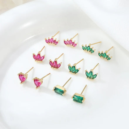 Custom 14K Gold Plated Brass Mini Cubic Zirconia Red Heart Stone Diamond Stud Earrings Jewellery Wholesale for Women