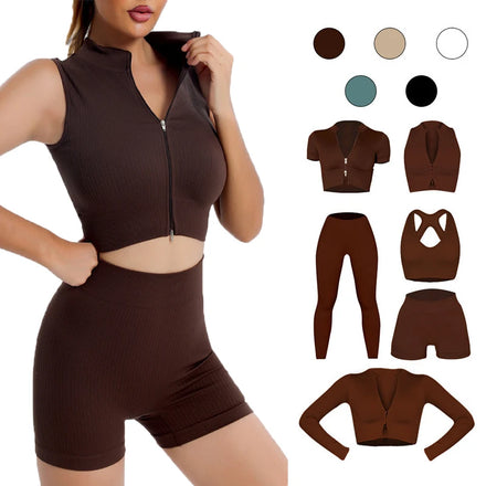 Wholesale Custom Logo OEM Service Lady 6 Piece Sports Yoga Set Ribbed Activewear Seamless Fitness Gym Set