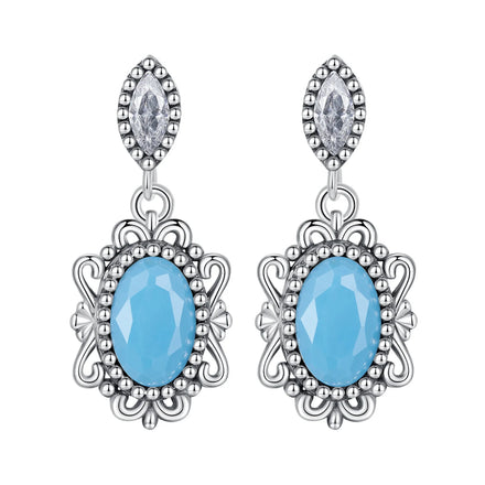 Factory 925 Sterling Silver Vintage Flower Blue Turquoise Drop Dangle Earrings for Women Elegant Hoops Wedding Gift Jewelry