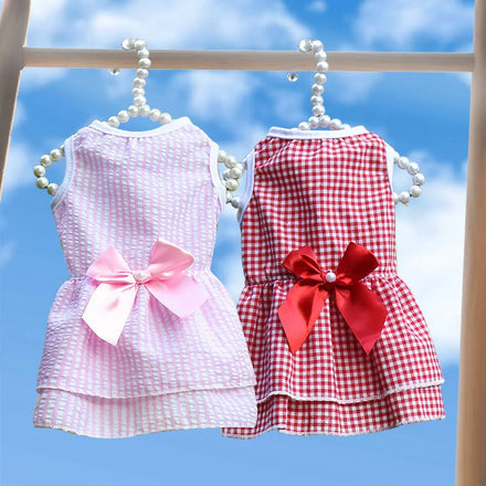 Wholesale Luxury Spring Summer Cute Pink Plaid Bowtie Wedding Princess Dog Dress Clothing