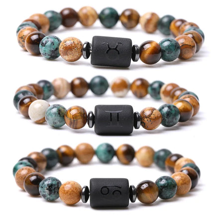 Lucky Gemstone 12 Zodiac Signs Charm Men's Trendy Elastic Natural Stone Bead Bracelet for Anniversary