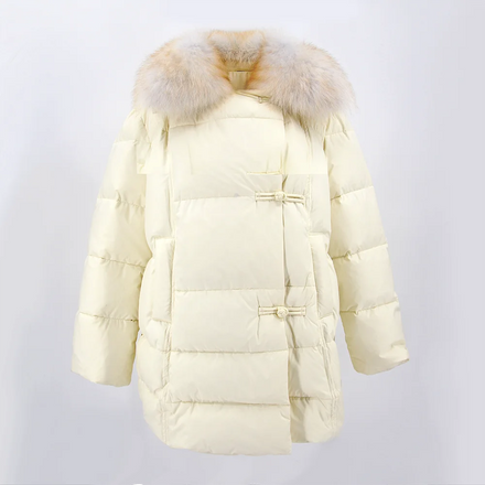 QIUCHEN QC22116 Casual Women's Winter Warm 90% Goose Down Coat with Real Fox Fur Trim Acrylic Lining