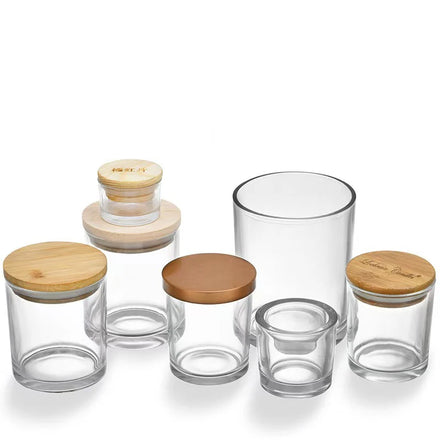 Multi-dimensional Transparent Glass Candle Jar with Wooden Bamboo Cover Metal Holder Home Christmas Decor Customizable Logo