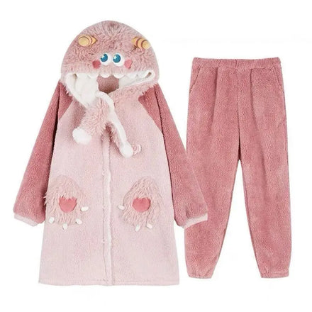 New Coral Velvet Small Monster Hooded Nightgown Cute Cartoon Long Style Bathrobe