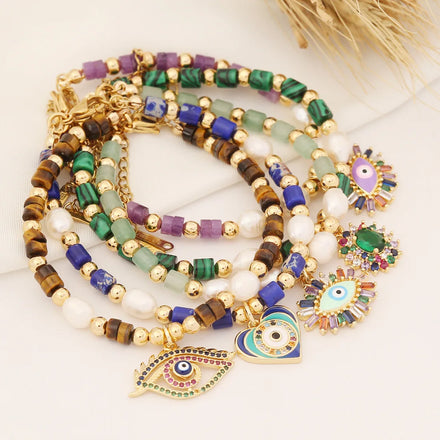 Stocks Sale Freshwater Pearls Bracelet for Women New Arrival Zircon Blue Eyes Charms Bracelet for Lady Stainless Steel Jewelry