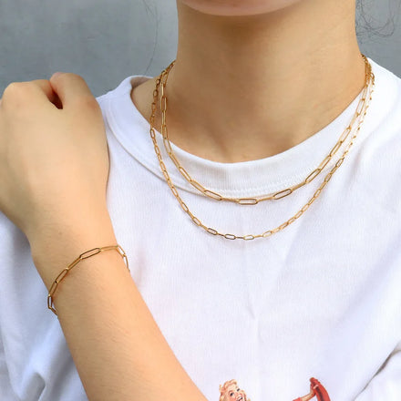 Minimalist Stainless Steel Jewelry Fashion 18K Gold Plated Paperclip Linked Chain Choker Necklace Bracelet Set