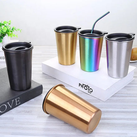 600ml 304 Stainless Steel Straight Cup with Lid Stocked for Back to School Coffee Milk Tea Casual Cup with Straw and Cover