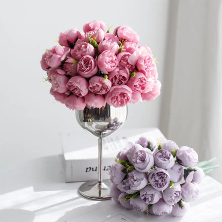 Artificial Peonies Bouquet with Metal Flower Vase Decoration for Table Artificial Silk Peony Flowers Wedding Decorations
