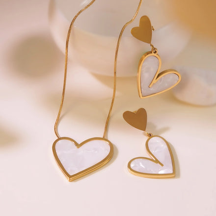 Stainless Steel Gold Plated Snake Chain Unisex Black and White Shell Heart Love Necklace Earrings Jewelry Set Romantic Not Fade