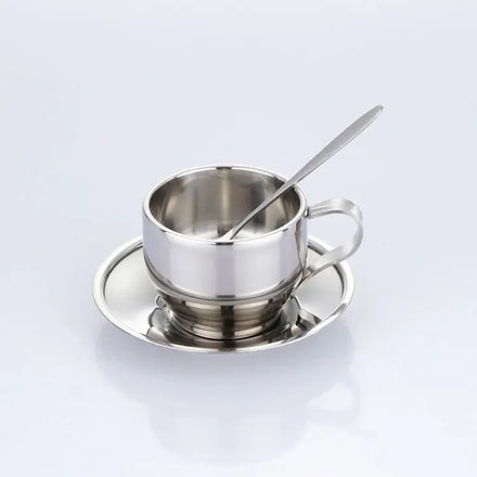 Modern 304 Stainless Steel Cappuccino Espresso Coffee Cup and Saucer Set Reusable Water Quality Tea Cup for Home Use