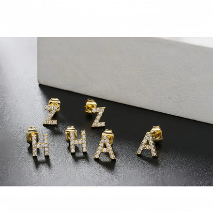 Trendy Alphabet Diamond Small Letter Ear Studs Brass Gold Plated Jewelry Zircon Dainty Initial Stud Earring for Women