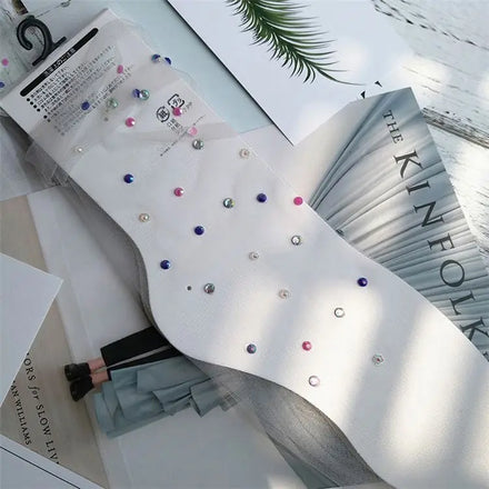 Cmax Cartoon Pattern Nylon Rhinestone Embellished Transparent Mesh Ruffle Summer Fashion Crew Socks