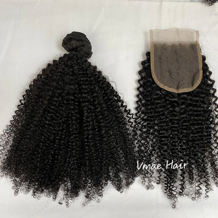 VMAE Raw Virgin Cuticle Aligned 3A 3C 4A 4B 4C Afro Kinky Curly Human Hair Bundles with Closure Set HD Lace Closure