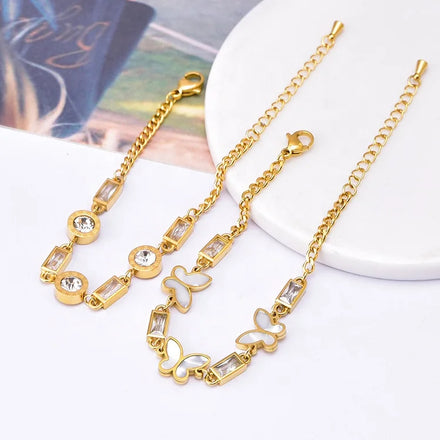 Simple New Trend Fashion Luxury Jewelry Stainless Steel Gold Plated White Fritillaria Butterfly Zircon Women Adjustable Bracelet
