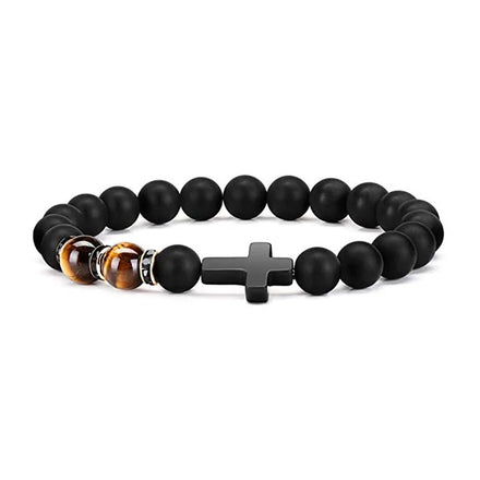 Fashion Religion Cross Men Women 8mm Natural Stone Tiger Eye Black Matte Agate Beads Bracelet Elastic Bracelet Bangle