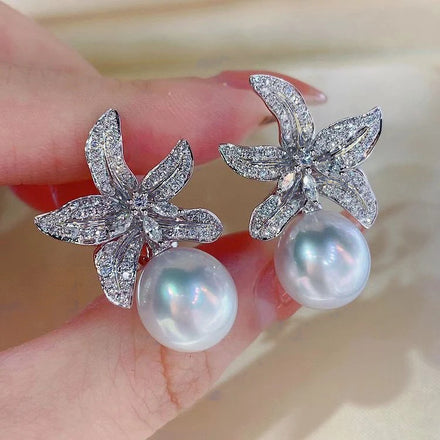 Huitan New Design Silver Plating Imitation Pearl Starfish Earrings Charming Bling CZ Crystal Starfish Flower Pearl Earrings