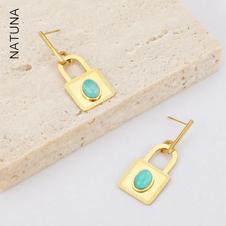 Turquoise Padlock Stainless Steel Earrings Personality Popular Ethnic Hip Hop Titanium Earrings Jewelry