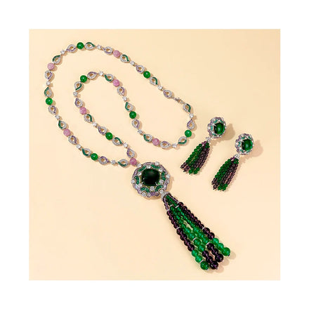 Luxury Middle East Style Jewelry Emerald Green Beaded Long Tassel Necklace Earring Sets