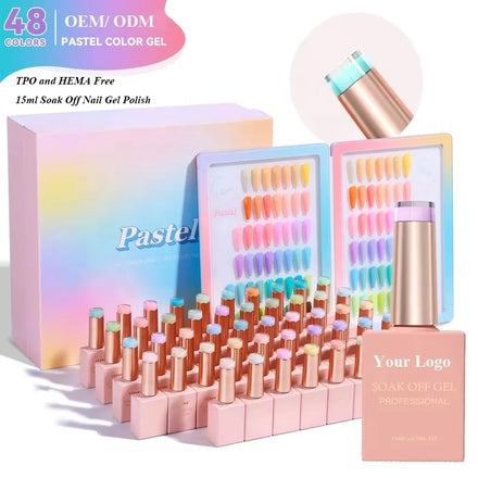 Private Label 15ml Soak Off Nail Gel Polish 48 Color Macarone 0.5oz UV Semi Permanent UV LED Base Top Coat Gel Nail Polish Set