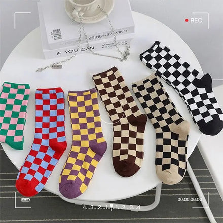 Cmax Net Red Checkerboard Sport Knitted Women's Medium Tube Paragraph Plaid Socks Cotton