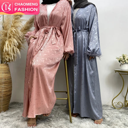 1950# High Quality Satin Printed Open Abaya Pretty Feather Balloon Long Sleeves Muslim Women Cardigan Abayas 7 Colors