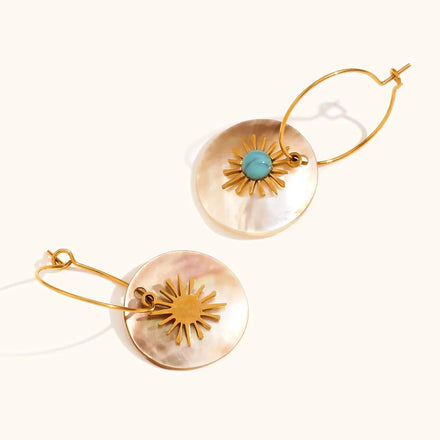 Fashion Round Shell Earrings Personalized Retro Versatile Geometric Artificial Turquoise Inlaid Stainless Steel Earrings