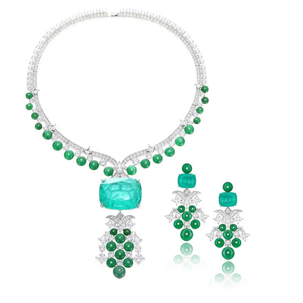 Exaggerated Luxury Paraiba Pendant Jewelry Green Emerald Zirconia Beads Tassel Special Pattern Design Necklace Earring Set