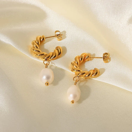 Wholesale Women's Fashion Freshwater Pearl Drop Earrings Stainless Steel Waterproof 18K PVD Gold Plated Hoop Pearl Earring