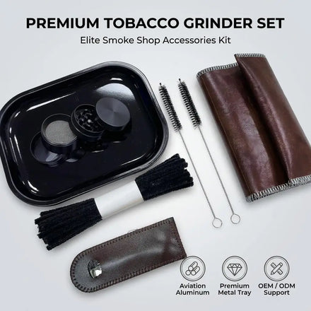 Factory Direct Customizable Smoke Shop Accessories Matte Black Metal Rolling Tray and 4-Piece Aluminum Herb Tobacco Grinder Set