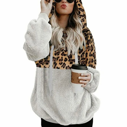 Plus Size Women's HoodiesCustom Logo Fall Winter Warm Designer Oversized Leopard Patchwork Sleeve Hoodies With Pockets Women