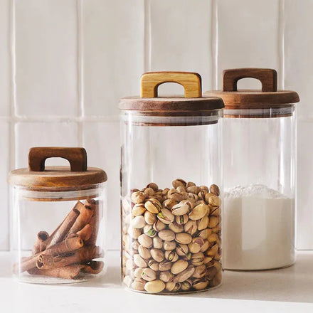 Wholesale Large Pantry Spice Coffee Pasta Spaghetti Food Storage Wood Lid Glass Container Set with Unique Wooden Handle Lid