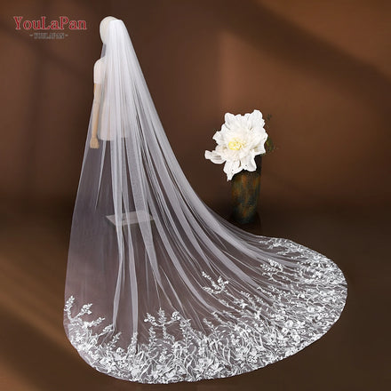 YouLaPan V162 Hand Stitched Floral Long Wedding Dress Accessories Veil Fashionable 3M Cathedral Bridal Embroidery Lace Veil