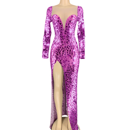 Sexy Long Sleeve Mirror Sequin Wedding Birthday Long Gown Ladies Sexy Club Prom Dress Women High Slit Banquet Evening Maxi Dress