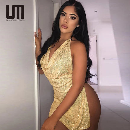 Liu Ming Clearance Sales Elegant Party Y2K Women Sexy Halter Sleeveless Backless Sequined Slit Short Mini Dress