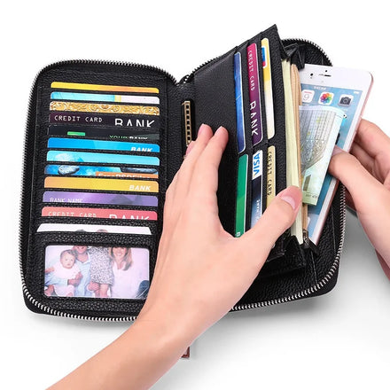 Casual Designer Simple Solid Color RFID Blocking Long Zipper Custom Logo Pouch Card Holder Purse Women Wallet with Wrist Strap